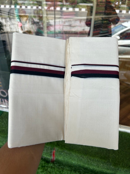 DMK Veshti - 25% Discount!!! KaithariKada HANDLOOM UNAKKUPAAV Balaramapuram - 100% PURE Cotton off white (Unbleached) Double Mundu/Dhoti -100 s warp x 80s weft - 0.75 inch Maroon & Black kara DMK - 13KK5200REA