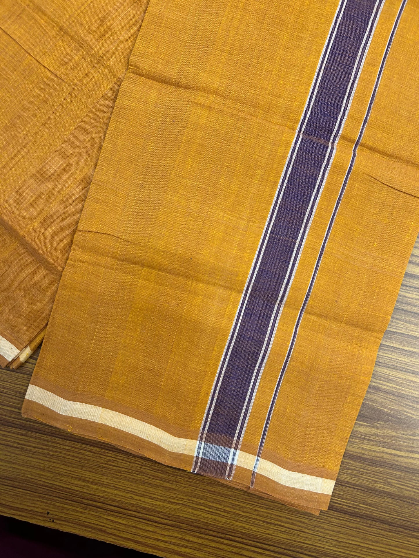 Kerala Handloom Single  - KaithariKada 100% Pure Cotton - Mundu/Dhoti Light Orange Body & 1.25 inch Violet Kara - (2 meter / 4 muzham)- 17 KK8051 ELA