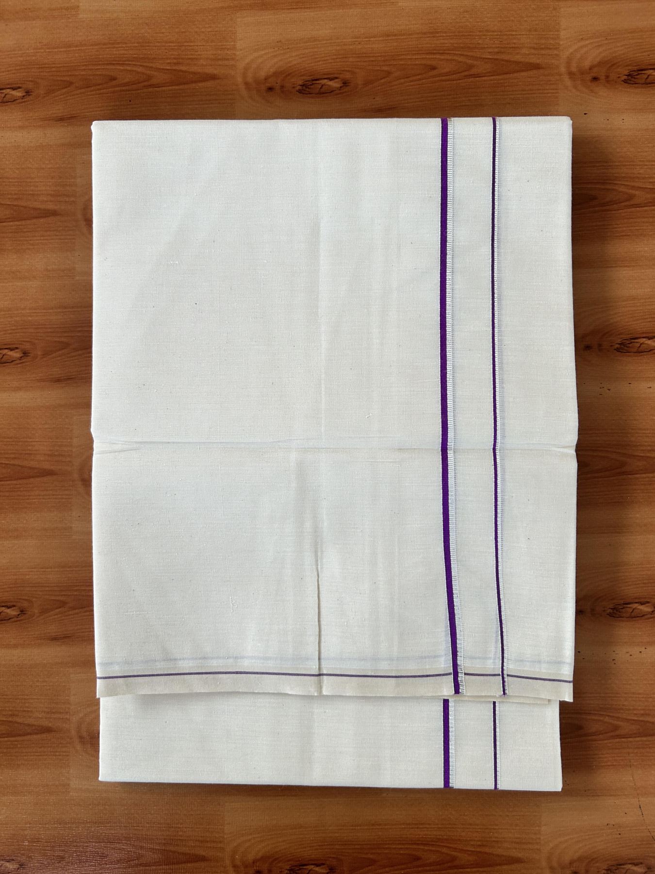 Single Off White (Unbleached) Mundu/Dhoti - KaithariKada 100% Cotton - 70X30 - 0.5 cm Silver Kasav Violet Kara (2 meter / 4 muzham) - 14 KK5461 PMC