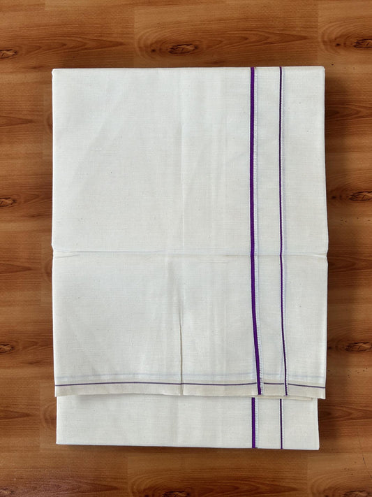 Single Off White (Unbleached) Mundu/Dhoti - KaithariKada 100% Cotton - 70X30 - 0.5 cm Silver Kasav Violet Kara (2 meter / 4 muzham) - 14 KK5461 PMC