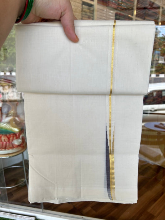 25% DISCOUNT!! KaithariKada HANDLOOM  UNAKKUPAAV Balaramapuram - 100% PURE Cotton OFF White - (Unbleached) Double Mundu/Dothi - 100 s warp x 80s weft - 1.5 cm Puliyilakkara Brown & Gold Kasavu Chutty - 15KK5200REA