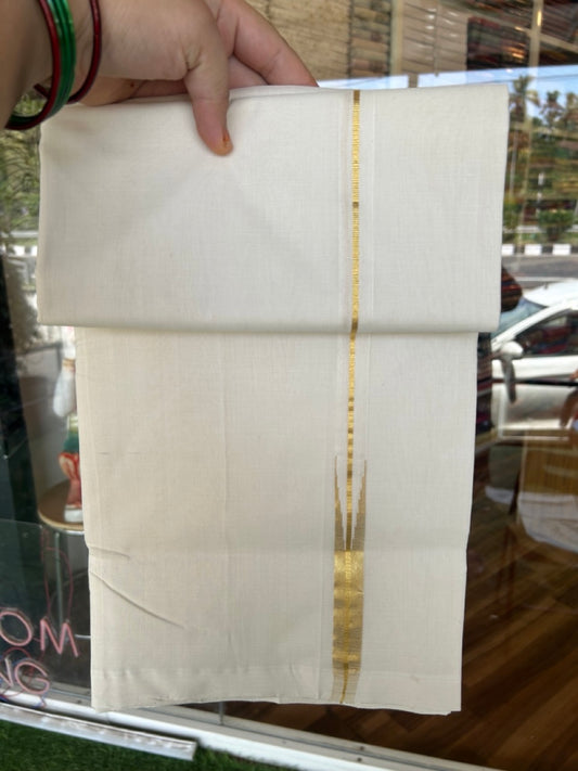 25% DISCOUNT!! KaithariKada HANDLOOM  UNAKKUPAAV Balaramapuram - 100% PURE Cotton OFF White - (Unbleached) Double Mundu/Dothi - 100 s warp x 80s weft - 0.75 inch Puliyilakkara Kasav Chutty - 14KK5200REA