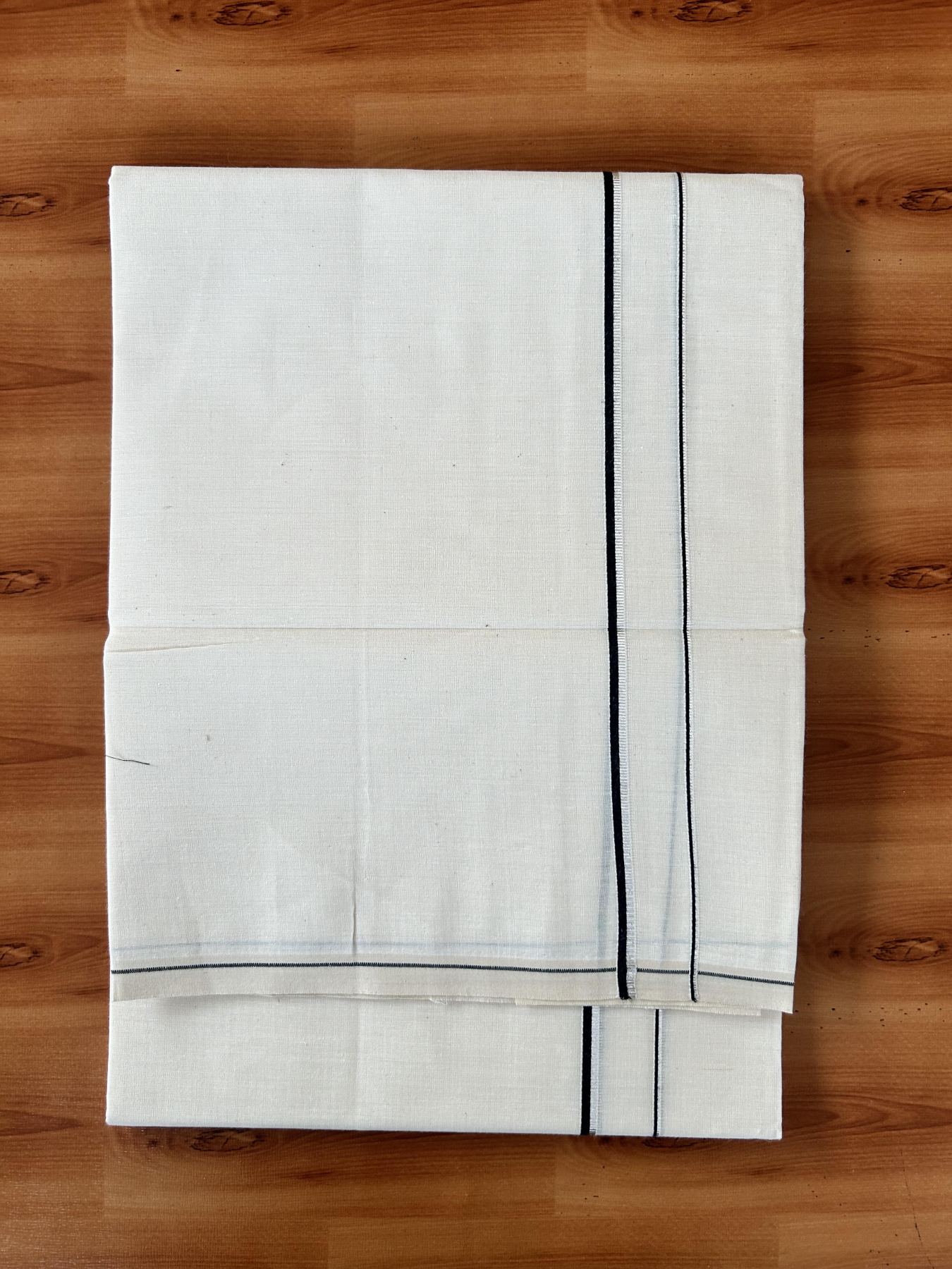 Single Off White (Unbleached) Mundu/Dhoti - KaithariKada 100% Cotton - 70X30 - 0.5 cm Silver Kasav Black Kara (2 meter / 4 muzham) - 15 KK5461 PMC