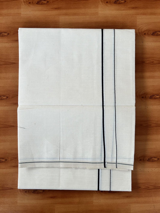 Single Off White (Unbleached) Mundu/Dhoti - KaithariKada 100% Cotton - 70X30 - 0.5 cm Silver Kasav Black Kara (2 meter / 4 muzham) - 15 KK5461 PMC