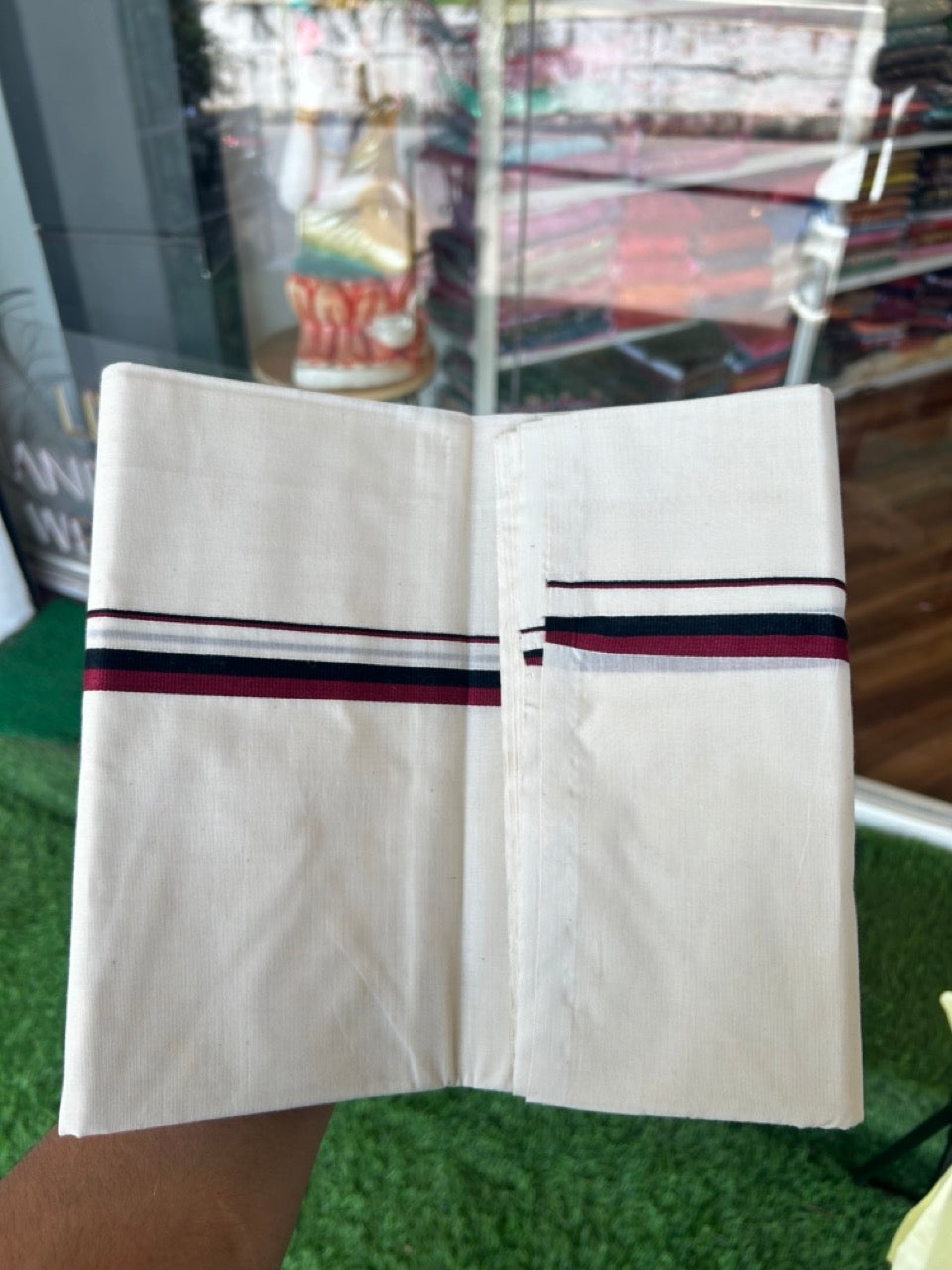 DMK Veshti - 20% DISCOUNT! KaithariKada 100% Cotton off white Double - (Unbleached) Mundu/Dhoti - 100X100 - 0.5 inch Black & Maroon kara 3.75 m (8 muzham)- 9KK5198ASH