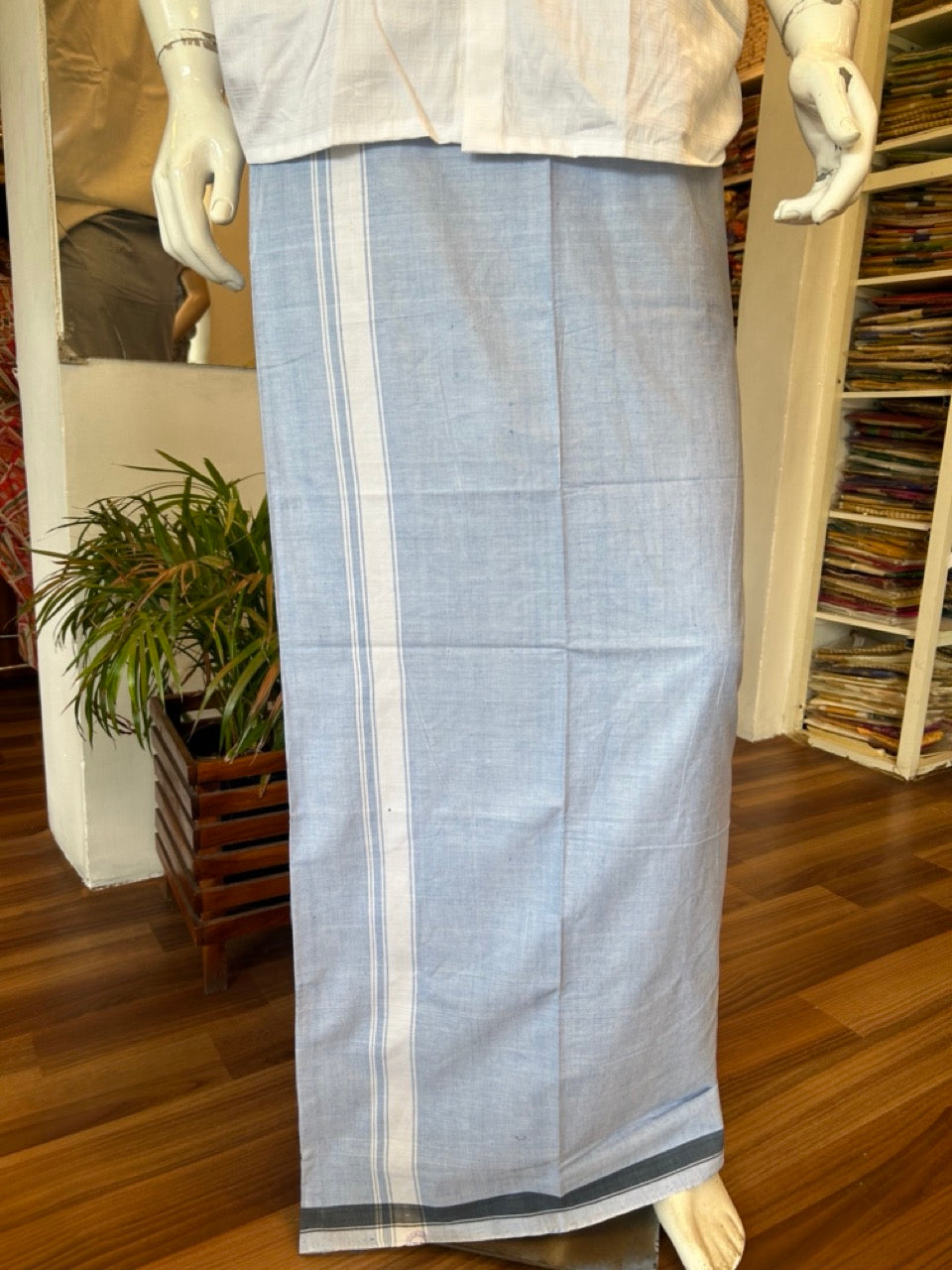 16% DISCOUNT ! KaithariKada Kalamachal 100% Pure Cotton -(80X80) Twisted Thread Handloom Single Mundu/Dhoti - Light Blue COLOUR  BODY & White stripes 1.75 inch Kara- 22KK479KAL