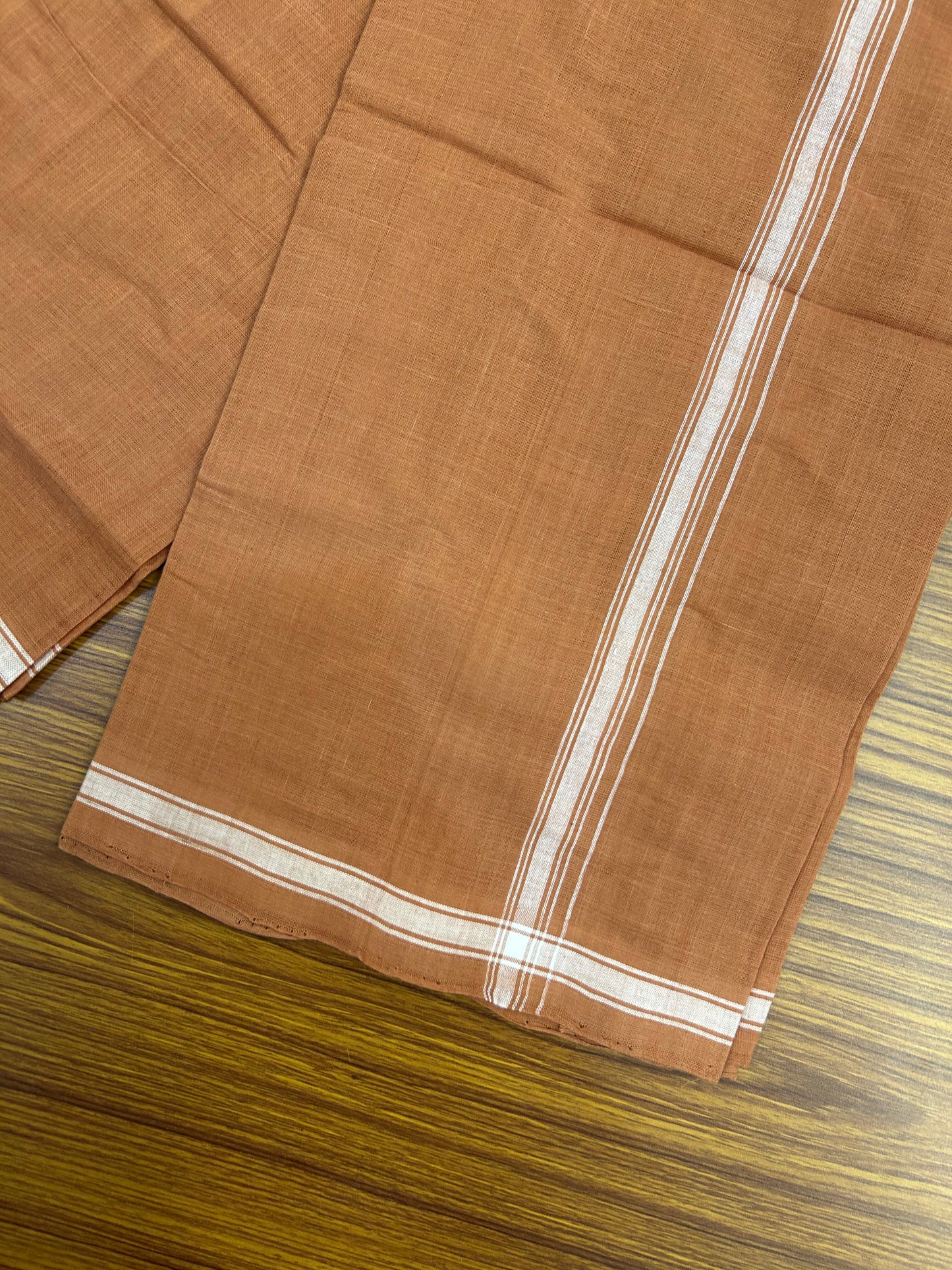 Kerala Handloom Single  - KaithariKada 100% Pure Cotton - Mundu/Dhoti Kavi Body & 0.5 inch White Striped Kara - (2 meter / 4 muzham)- 21 KK8051 ELA
