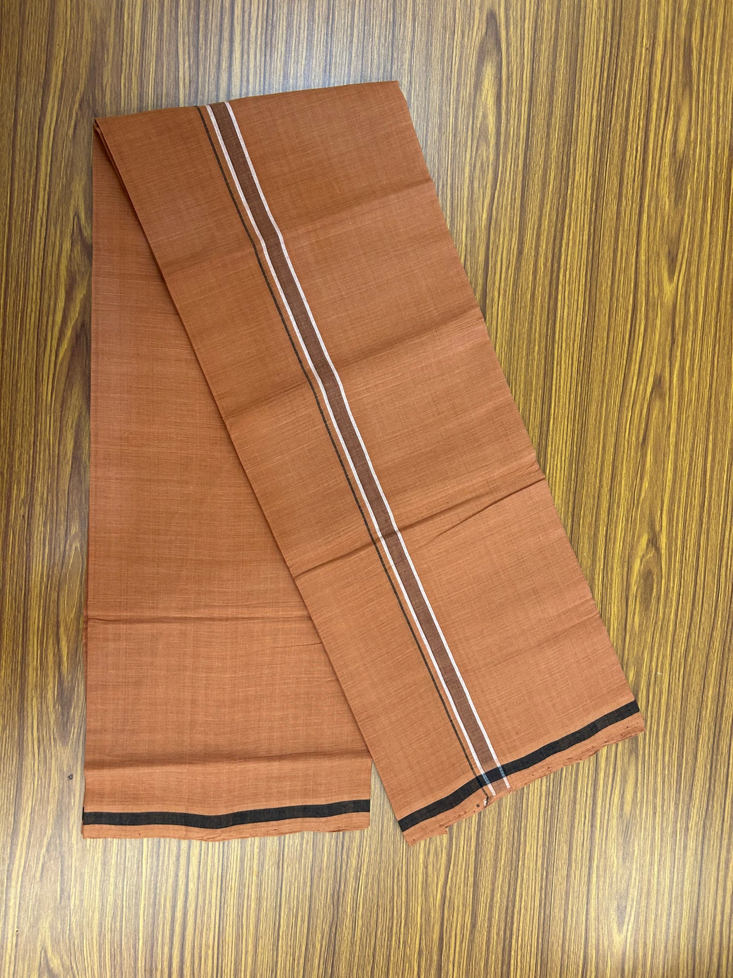 Kerala Handloom Single  - KaithariKada 100% Pure Cotton - Mundu/Dhoti Kavi Body & 0.75 inch Brown White Striped Kara - (2 meter / 4 muzham)- 22 KK8051 ELA