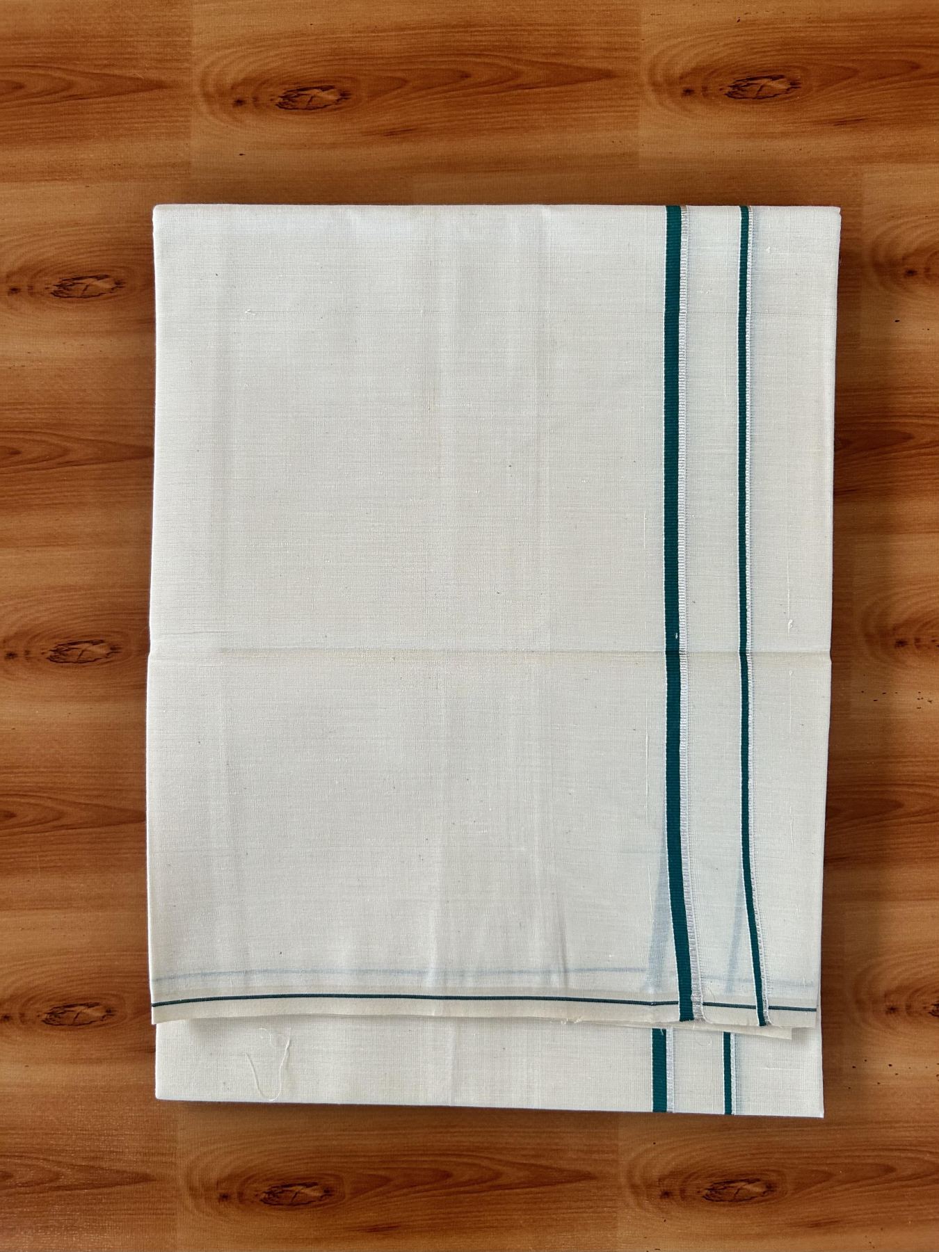 Single Off White (Unbleached) Mundu/Dhoti - KaithariKada 100% Cotton - 70X30 - 0.5 cm Silver Kasav Dark Teal Green Kara (2 meter / 4 muzham) - 16 KK5461 PMC