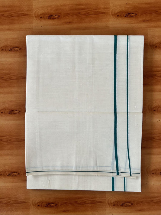 Single Off White (Unbleached) Mundu/Dhoti - KaithariKada 100% Cotton - 70X30 - 0.5 cm Silver Kasav Dark Teal Green Kara (2 meter / 4 muzham) - 16 KK5461 PMC