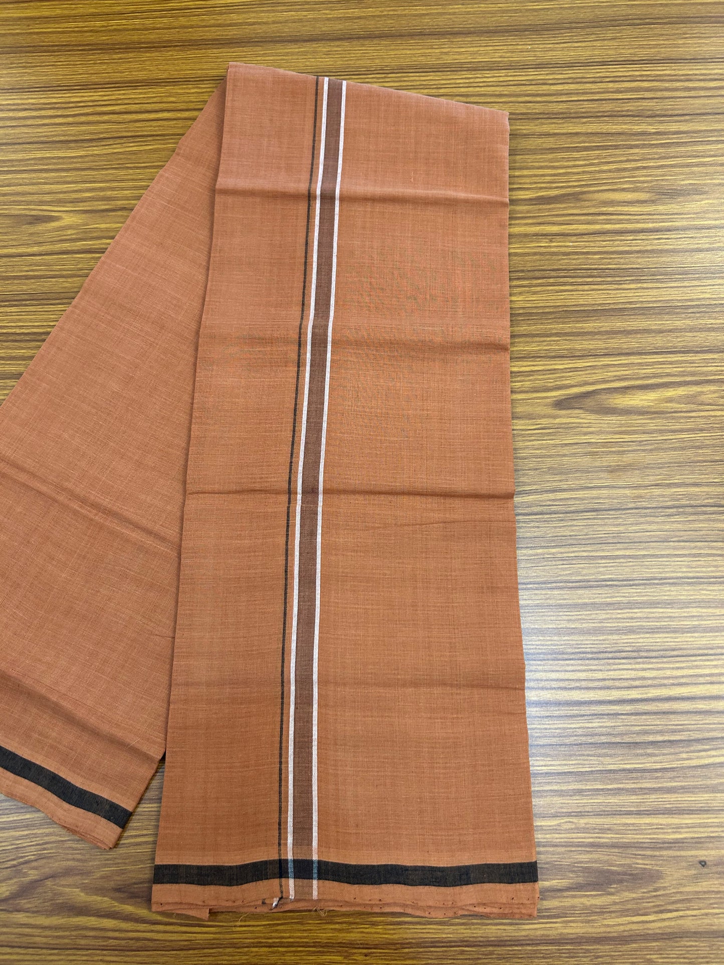 Kerala Handloom Single  - KaithariKada 100% Pure Cotton - Mundu/Dhoti Kavi Body & 0.75 inch Brown White Striped Kara - (2 meter / 4 muzham)- 22 KK8051 ELA