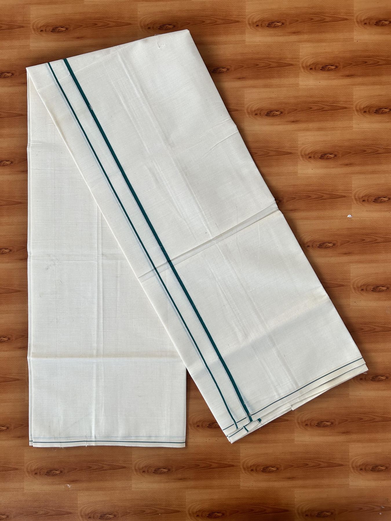 Single Off White (Unbleached) Mundu/Dhoti - KaithariKada 100% Cotton - 70X30 - 0.5 cm Silver Kasav Dark Teal Green Kara (2 meter / 4 muzham) - 16 KK5461 PMC