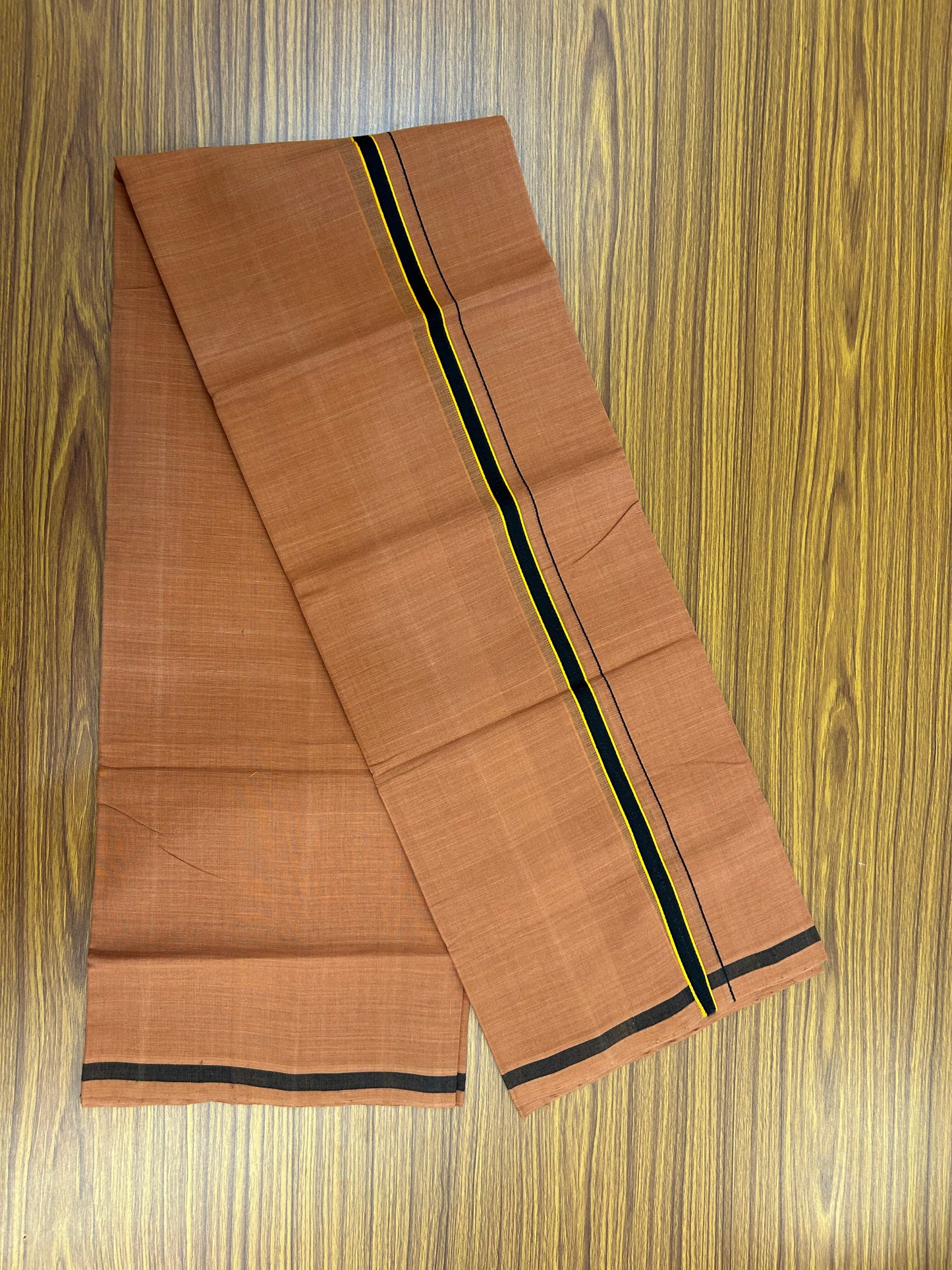Kerala Handloom Single  - KaithariKada 100% Pure Cotton - Mundu/Dhoti Kavi Body & 0.75 inch Orange & Black Kara - (2 meter / 4 muzham)- 23 KK8051 ELA