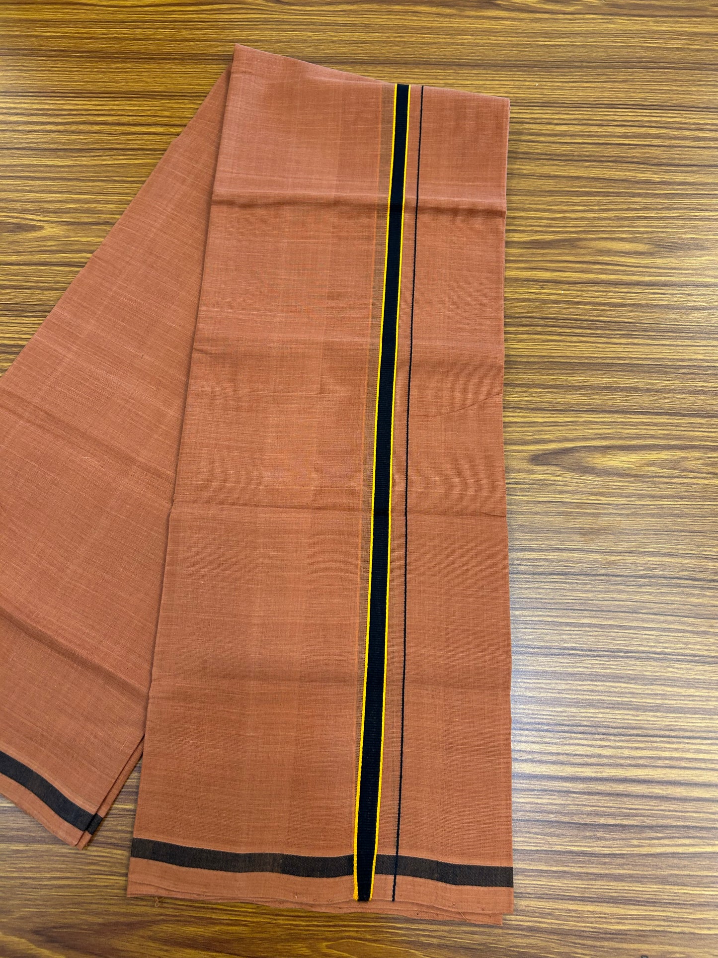 Kerala Handloom Single  - KaithariKada 100% Pure Cotton - Mundu/Dhoti Kavi Body & 0.75 inch Orange & Black Kara - (2 meter / 4 muzham)- 23 KK8051 ELA