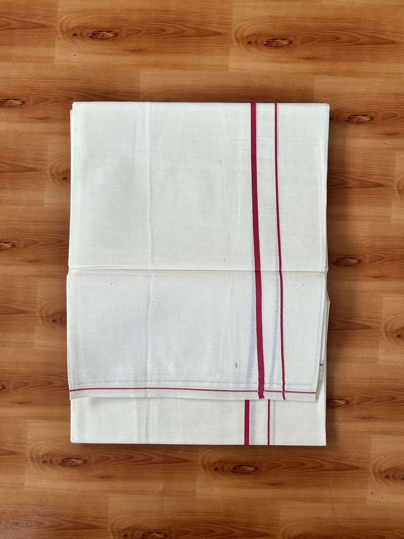 Single Off White (Unbleached) Mundu/Dhoti - KaithariKada 100% Cotton - 70X30 - 0.5 cm Red Kara (2 meter / 4 muzham) - 7 KK5461 PMC