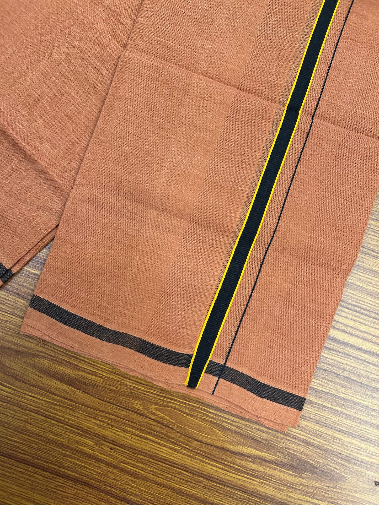 Kerala Handloom Single  - KaithariKada 100% Pure Cotton - Mundu/Dhoti Kavi Body & 0.75 inch Orange & Black Kara - (2 meter / 4 muzham)- 23 KK8051 ELA