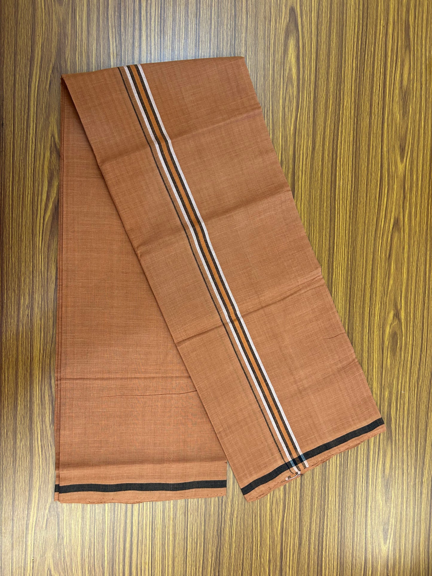 Kerala Handloom Single  - KaithariKada 100% Pure Cotton - Mundu/Dhoti Kavi Body & 1 inch Black , Orange & White Kara - (2 meter / 4 muzham)- 54 KK8051 ELA