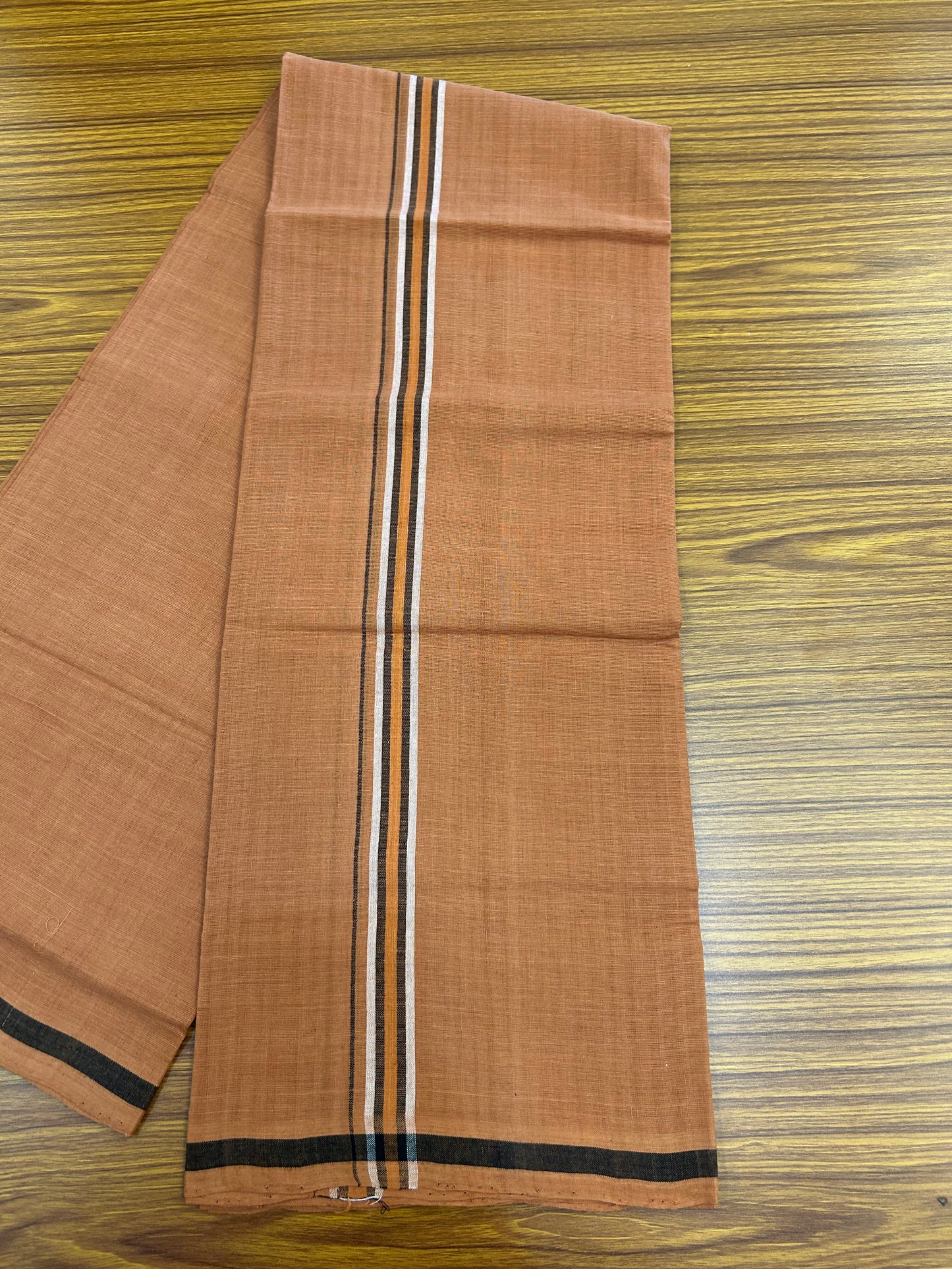 Kerala Handloom Single  - KaithariKada 100% Pure Cotton - Mundu/Dhoti Kavi Body & 1 inch Black , Orange & White Kara - (2 meter / 4 muzham)- 54 KK8051 ELA