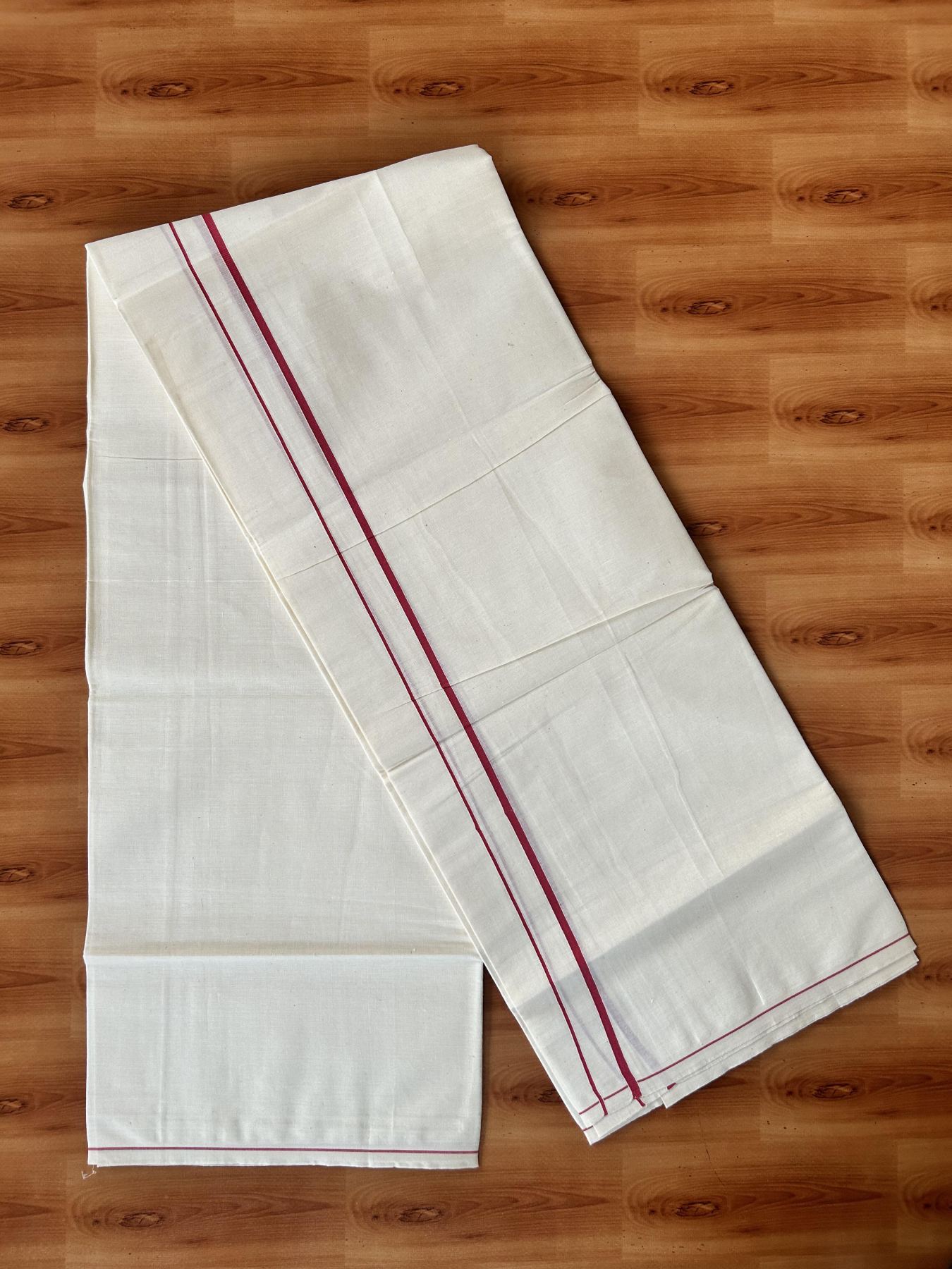 Single Off White (Unbleached) Mundu/Dhoti - KaithariKada 100% Cotton - 70X30 - 0.5 cm Red Kara (2 meter / 4 muzham) - 7 KK5461 PMC