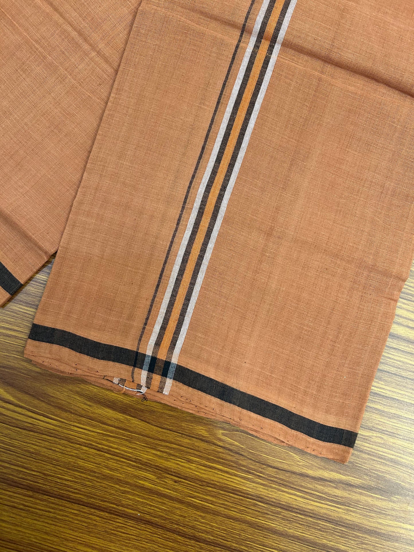 Kerala Handloom Single  - KaithariKada 100% Pure Cotton - Mundu/Dhoti Kavi Body & 1 inch Black , Orange & White Kara - (2 meter / 4 muzham)- 54 KK8051 ELA