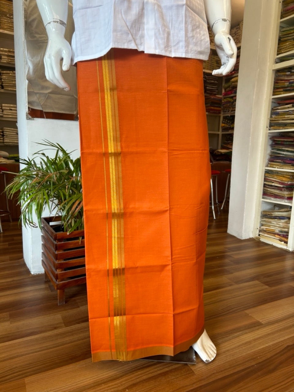Kaitharikada  Soft Cotton - Kaily / Lungi - 1.75 inch Mustard Yellow & kasavu striped kara with KAAVI colour body - 7KK492RAM