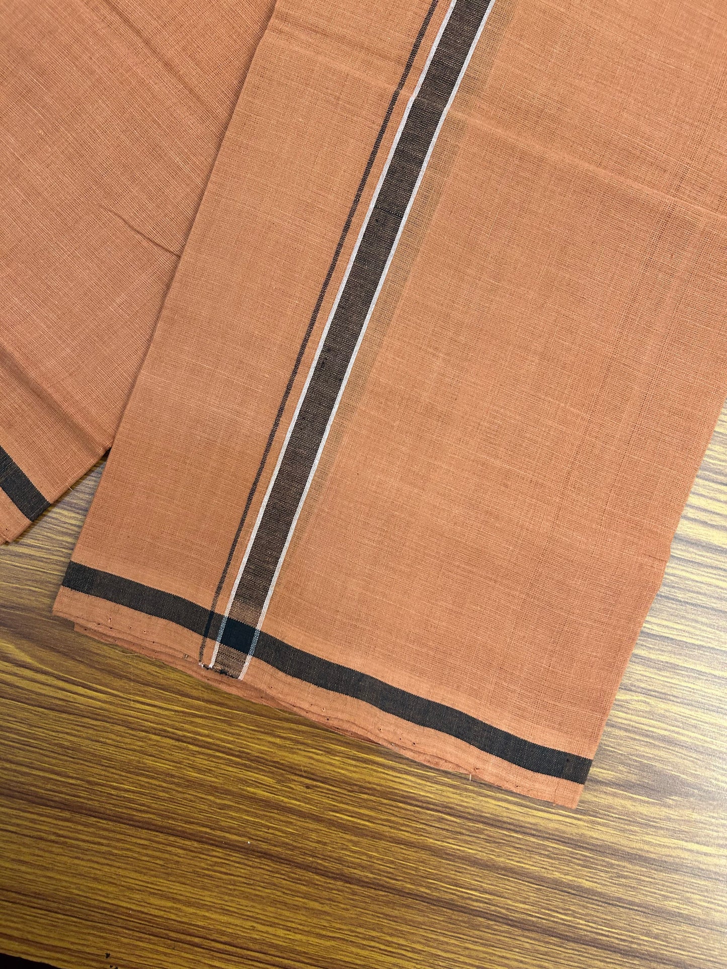 Kerala Handloom Single  - KaithariKada 100% Pure Cotton - Mundu/Dhoti Kavi Body & 0.75 inch Black & White Shaded Kara - (2 meter / 4 muzham)- 25 KK8051 ELA