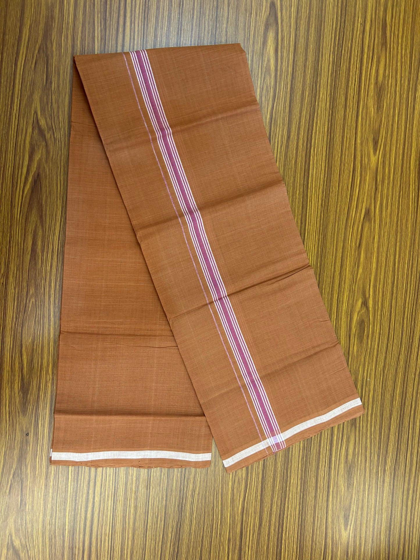 Kerala Handloom Single  - KaithariKada 100% Pure Cotton - Mundu/Dhoti Kavi Body & 0.75 inch Pink Shaded Striped Kara - (2 meter / 4 muzham)- 26 KK8051 ELA