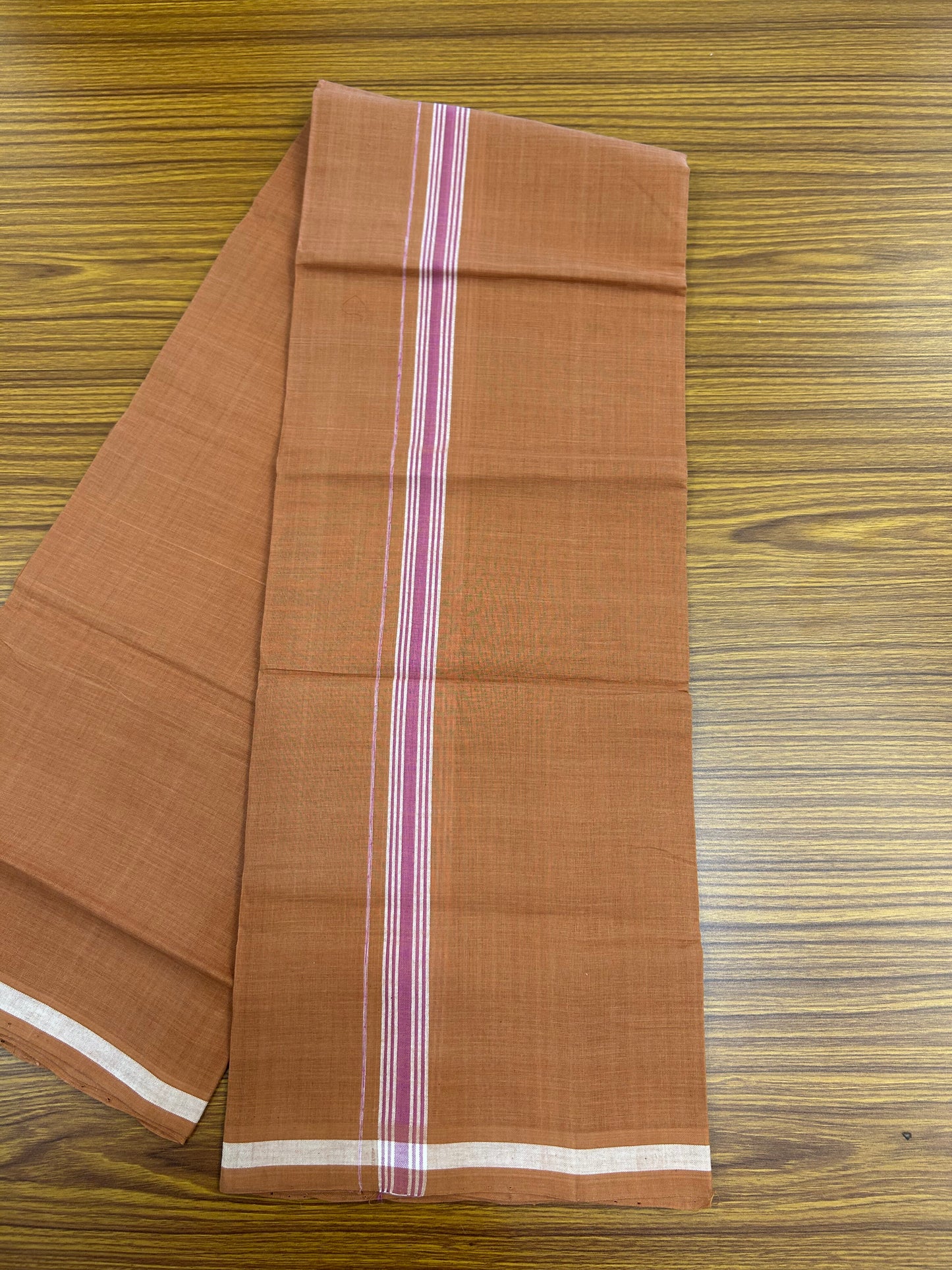 Kerala Handloom Single  - KaithariKada 100% Pure Cotton - Mundu/Dhoti Kavi Body & 0.75 inch Pink Shaded Striped Kara - (2 meter / 4 muzham)- 26 KK8051 ELA