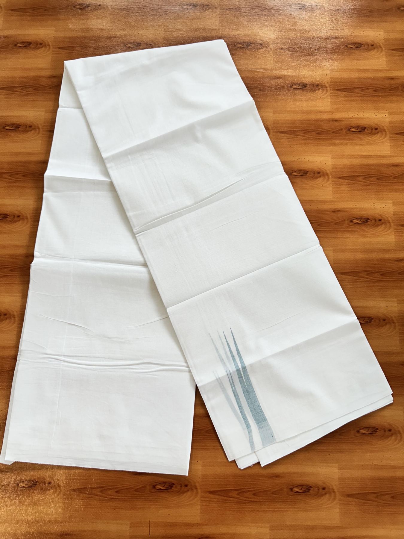 Double Pure White Mundu/Dhoti - 20% Discount !! KaithariKada Balaramapuram 100% Cotton - 100x80 - 2.5 cm Peacock blue Stripes Double Chutty Kara 3.80 mtr (8 muzham) - 10 KK5411 CKS