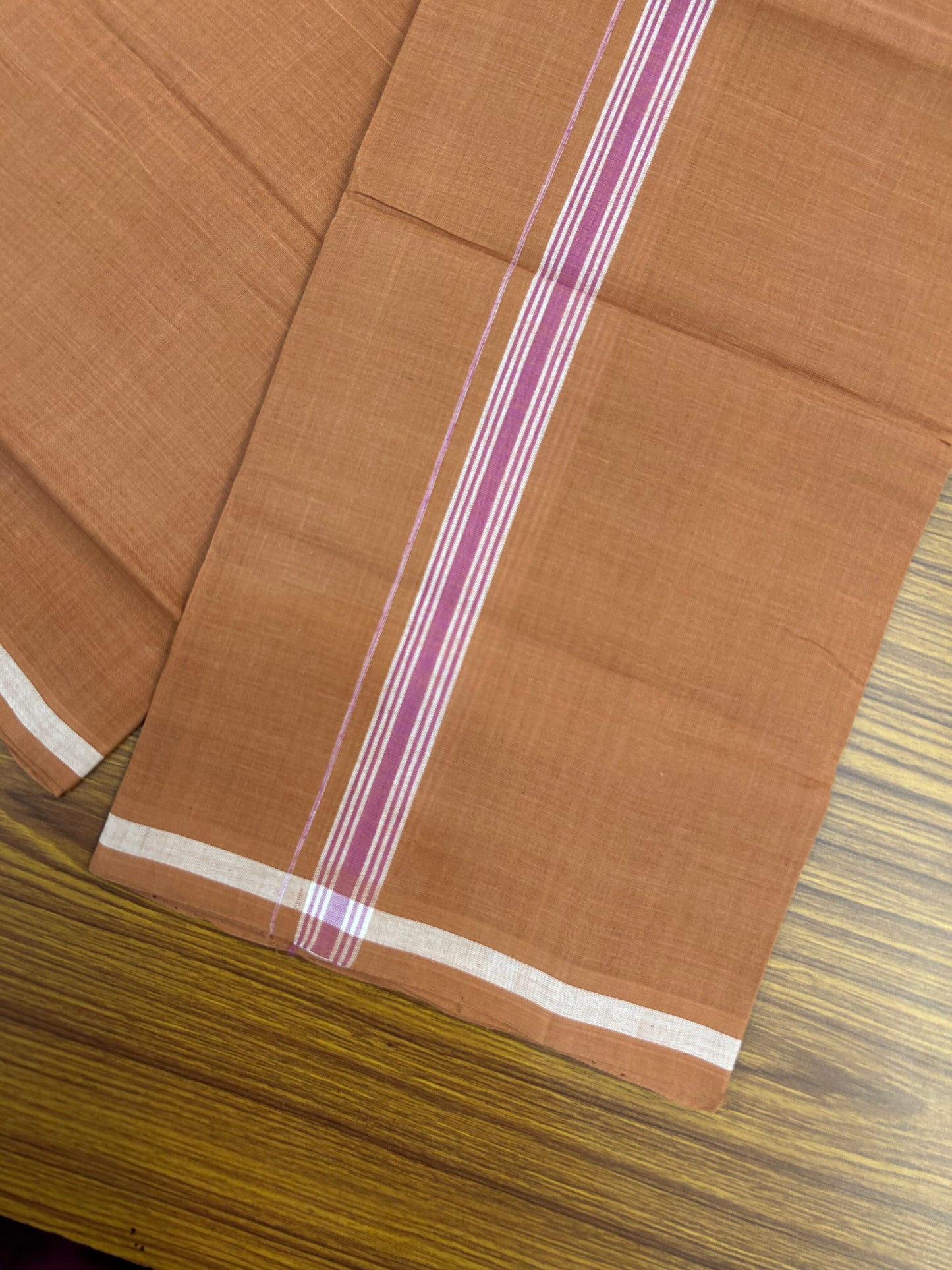 Kerala Handloom Single  - KaithariKada 100% Pure Cotton - Mundu/Dhoti Kavi Body & 0.75 inch Pink Shaded Striped Kara - (2 meter / 4 muzham)- 26 KK8051 ELA