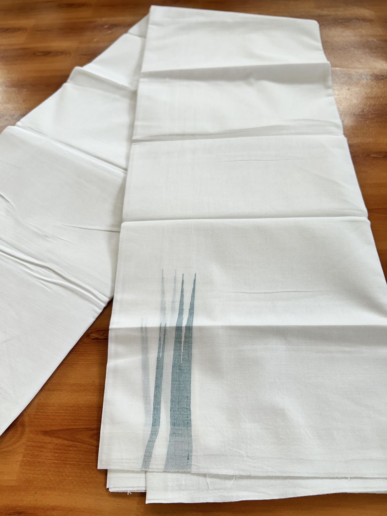 Double Pure White Mundu/Dhoti - 20% Discount !! KaithariKada Balaramapuram 100% Cotton - 100x80 - 2.5 cm Peacock blue Stripes Double Chutty Kara 3.80 mtr (8 muzham) - 10 KK5411 CKS