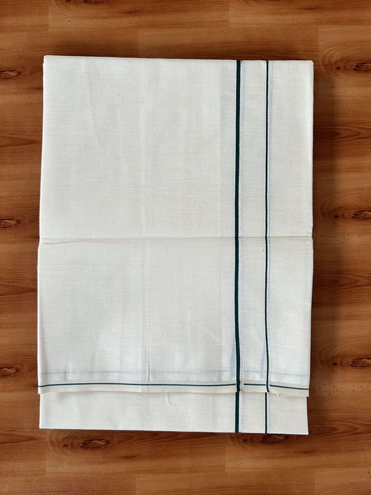 Single Off White (Unbleached) Mundu/Dhoti - KaithariKada 100% Cotton - 70X30 - 0.5 cm Silver Kasav Dark Green Kara (2 meter / 4 muzham) - 17 KK5461 PMC