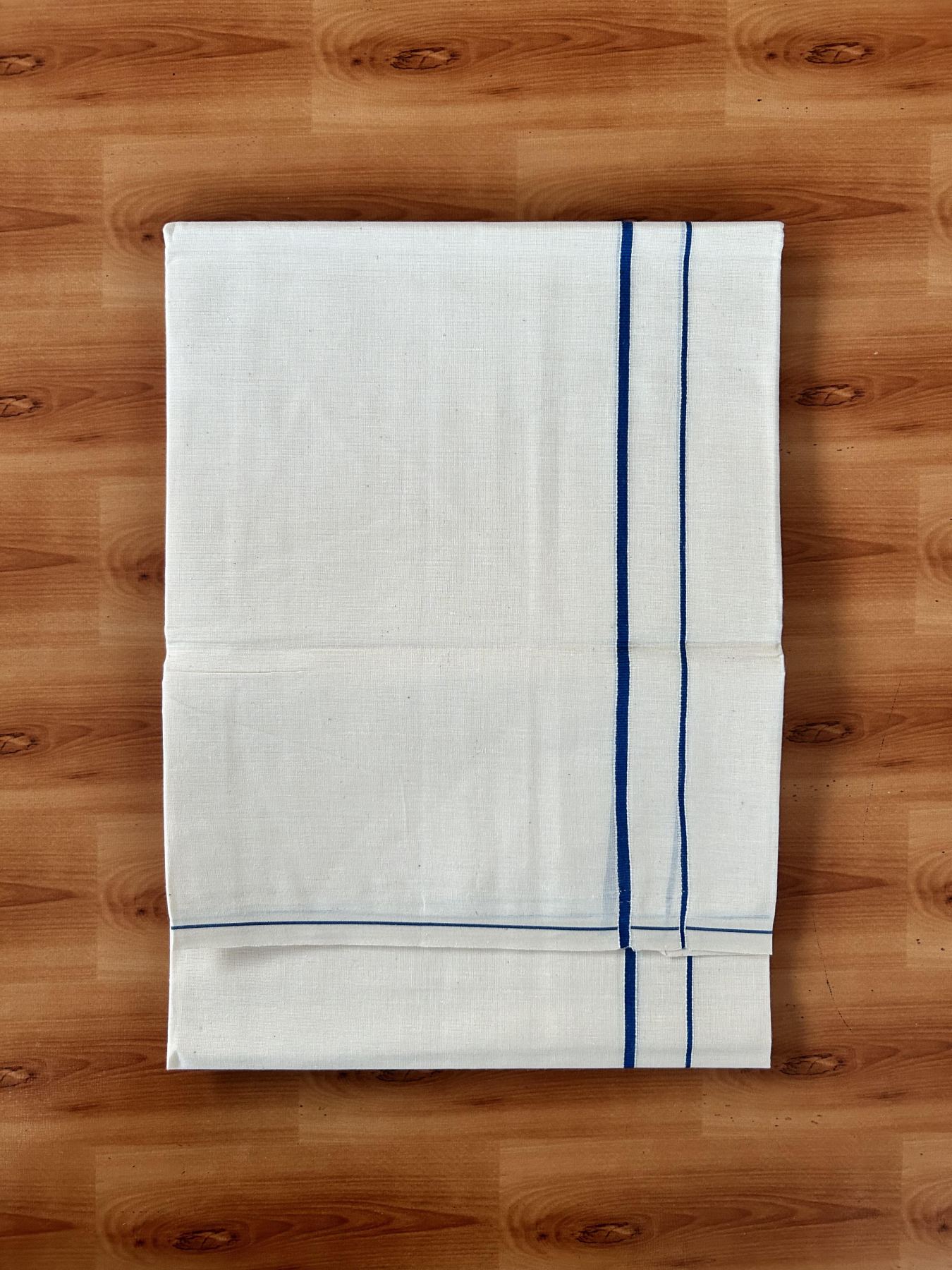 Single Off White (Unbleached) Mundu/Dhoti - KaithariKada 100% Cotton - 70X30 - 0.5 cm Blue Kara (2 meter / 4 muzham) - 9 KK5461 PMC