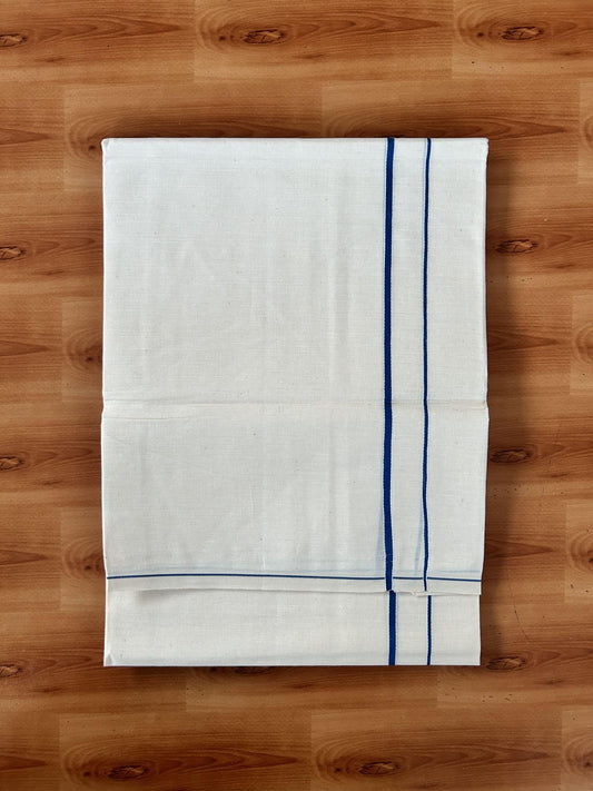 Single Off White (Unbleached) Mundu/Dhoti - KaithariKada 100% Cotton - 70X30 - 0.5 cm Blue Kara (2 meter / 4 muzham) - 9 KK5461 PMC
