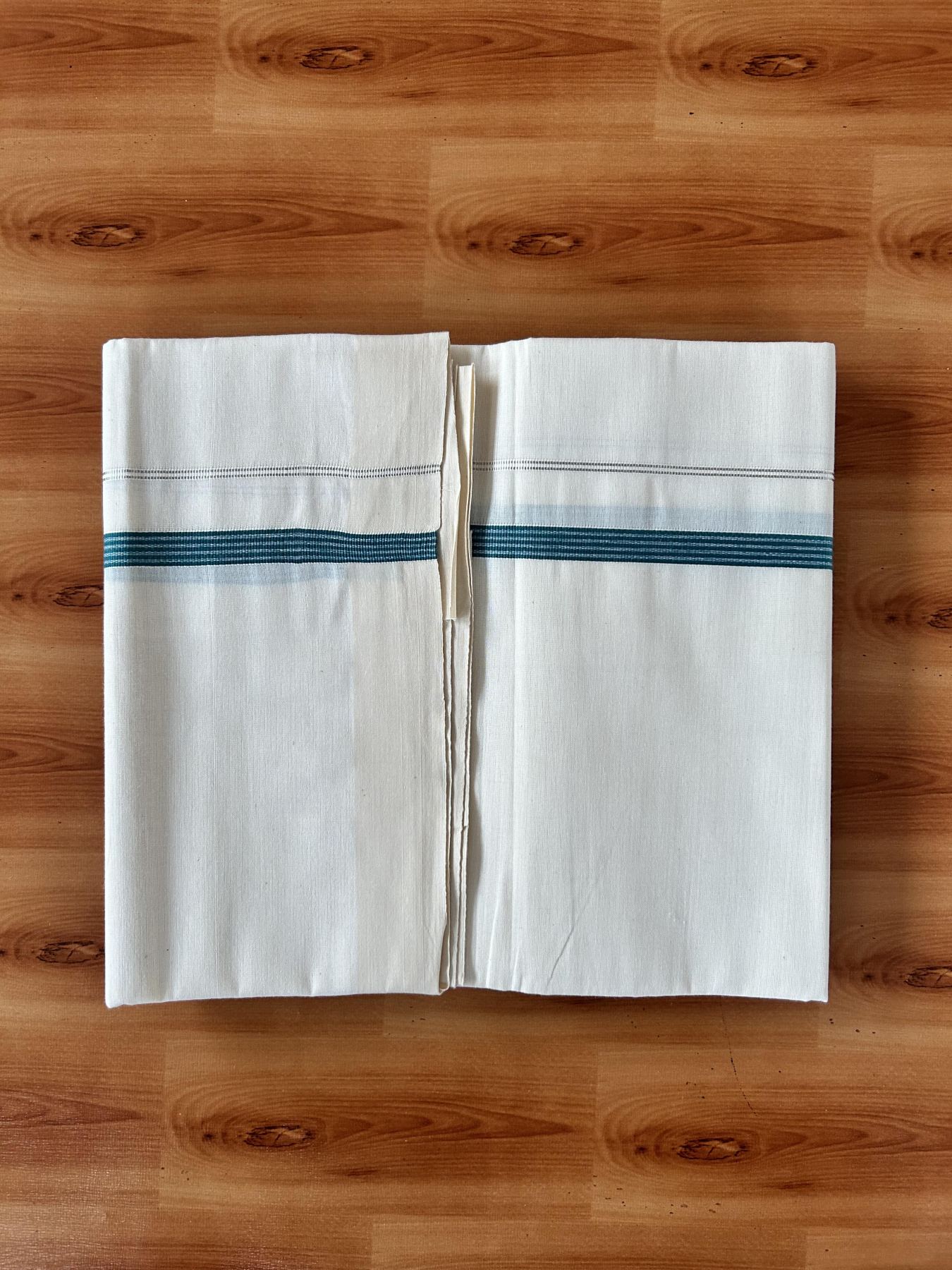 Single Off White (Unbleached) Mundu/Dhoti - 8% Discount! KaithariKada 100% Cotton - 70X30 - 0.5 inch Silver Kasavu Peacock Green Striped Kara (2 meter / 4 muzham) - 1 KK5461 PMC