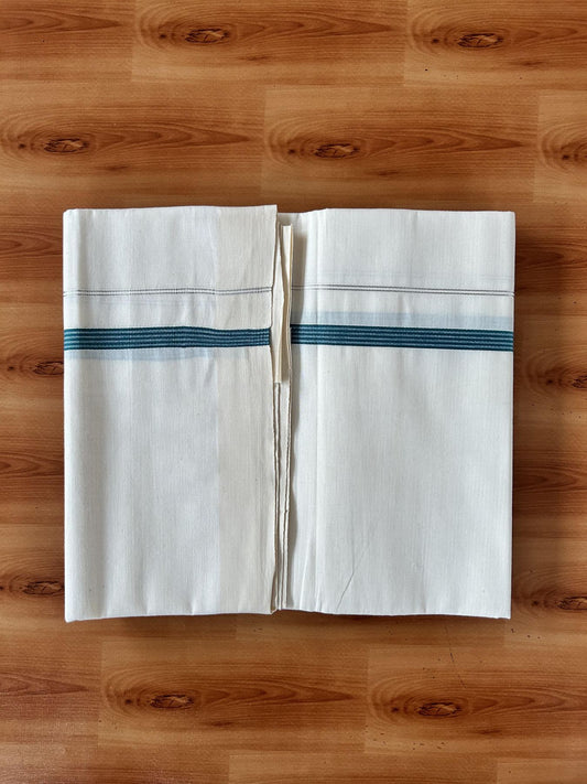 Single Off White (Unbleached) Mundu/Dhoti - 8% Discount! KaithariKada 100% Cotton - 70X30 - 0.5 inch Silver Kasavu Peacock Green Striped Kara (2 meter / 4 muzham) - 1 KK5461 PMC