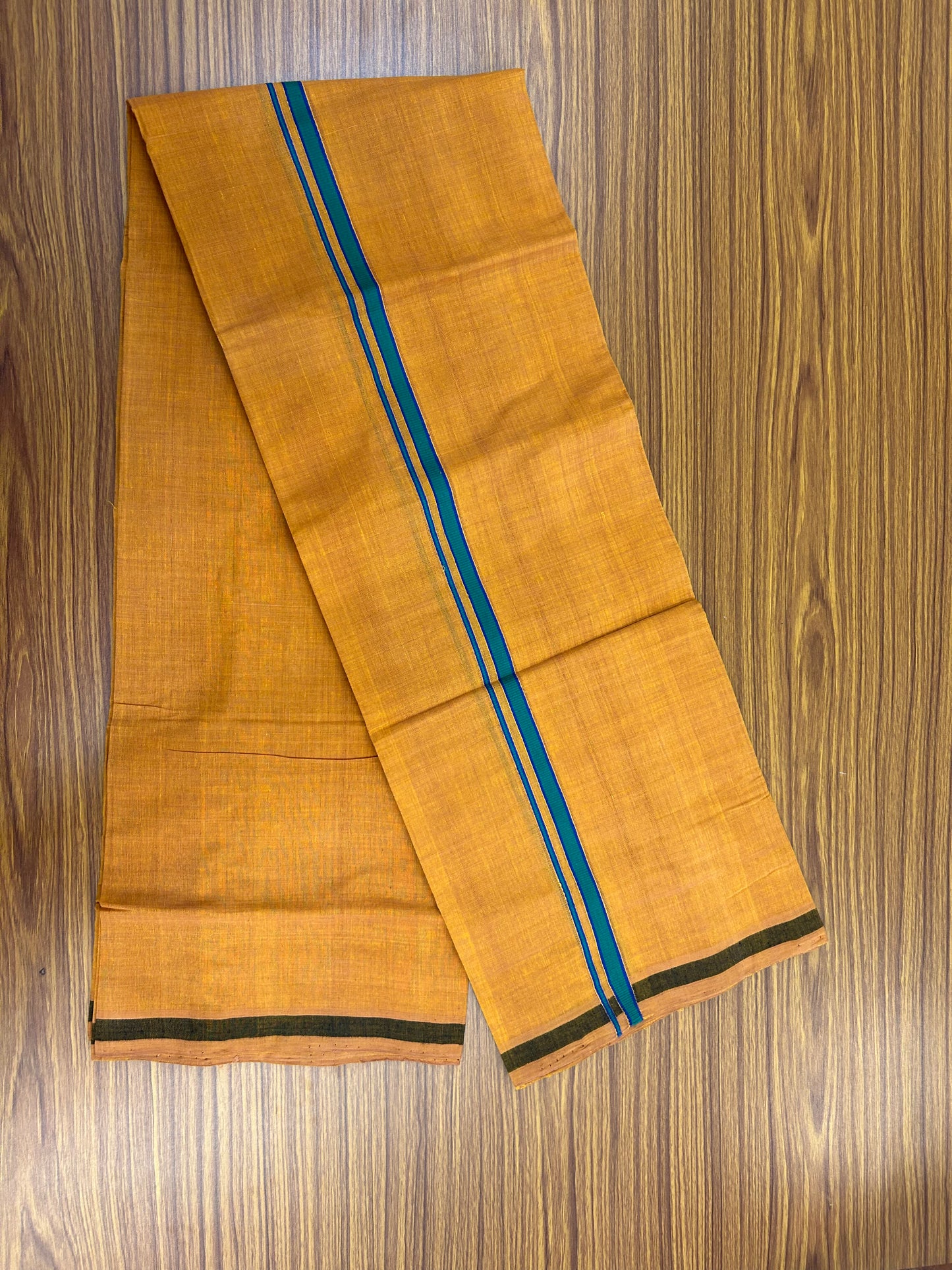 Kerala Handloom Single  - KaithariKada 100% Pure Cotton - Mundu/Dhoti Light Orange Body & 0.5 inch Green & Blue Kara - (2 meter / 4 muzham)- 18 KK8051 ELA