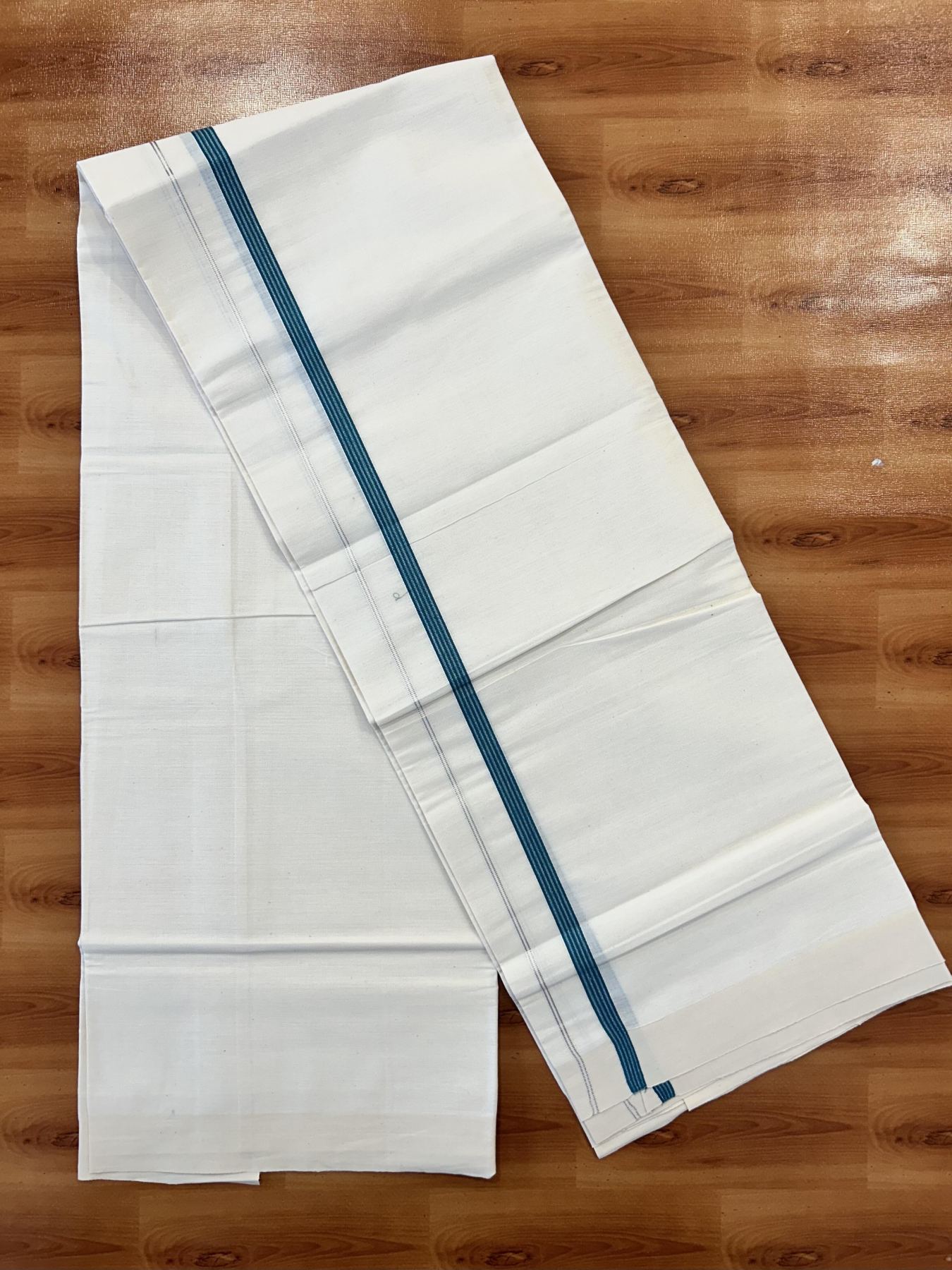 Single Off White (Unbleached) Mundu/Dhoti - 8% Discount! KaithariKada 100% Cotton - 70X30 - 0.5 inch Silver Kasavu Peacock Green Striped Kara (2 meter / 4 muzham) - 1 KK5461 PMC