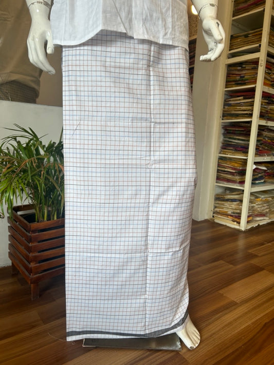 10% Discount! KaithariKada Kalamachal 100% Pure Cotton - (80X80) Twisted Thread Handloom Single Mundu/Dhoti - White Check Colour Body & Brown Blue Black striped Kara- 36KK479KAL