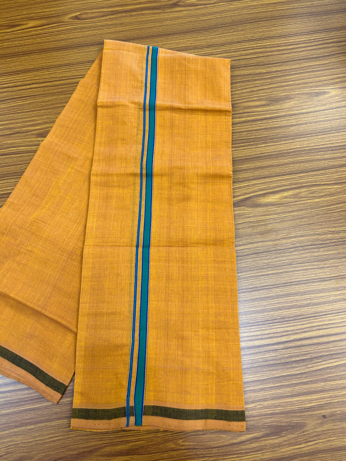 Kerala Handloom Single  - KaithariKada 100% Pure Cotton - Mundu/Dhoti Light Orange Body & 0.5 inch Green & Blue Kara - (2 meter / 4 muzham)- 18 KK8051 ELA