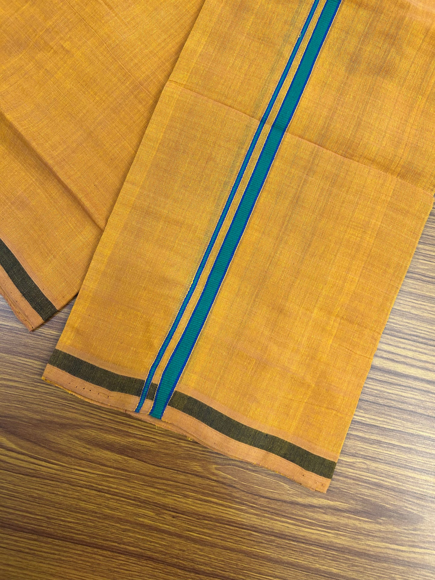 Kerala Handloom Single  - KaithariKada 100% Pure Cotton - Mundu/Dhoti Light Orange Body & 0.5 inch Green & Blue Kara - (2 meter / 4 muzham)- 18 KK8051 ELA