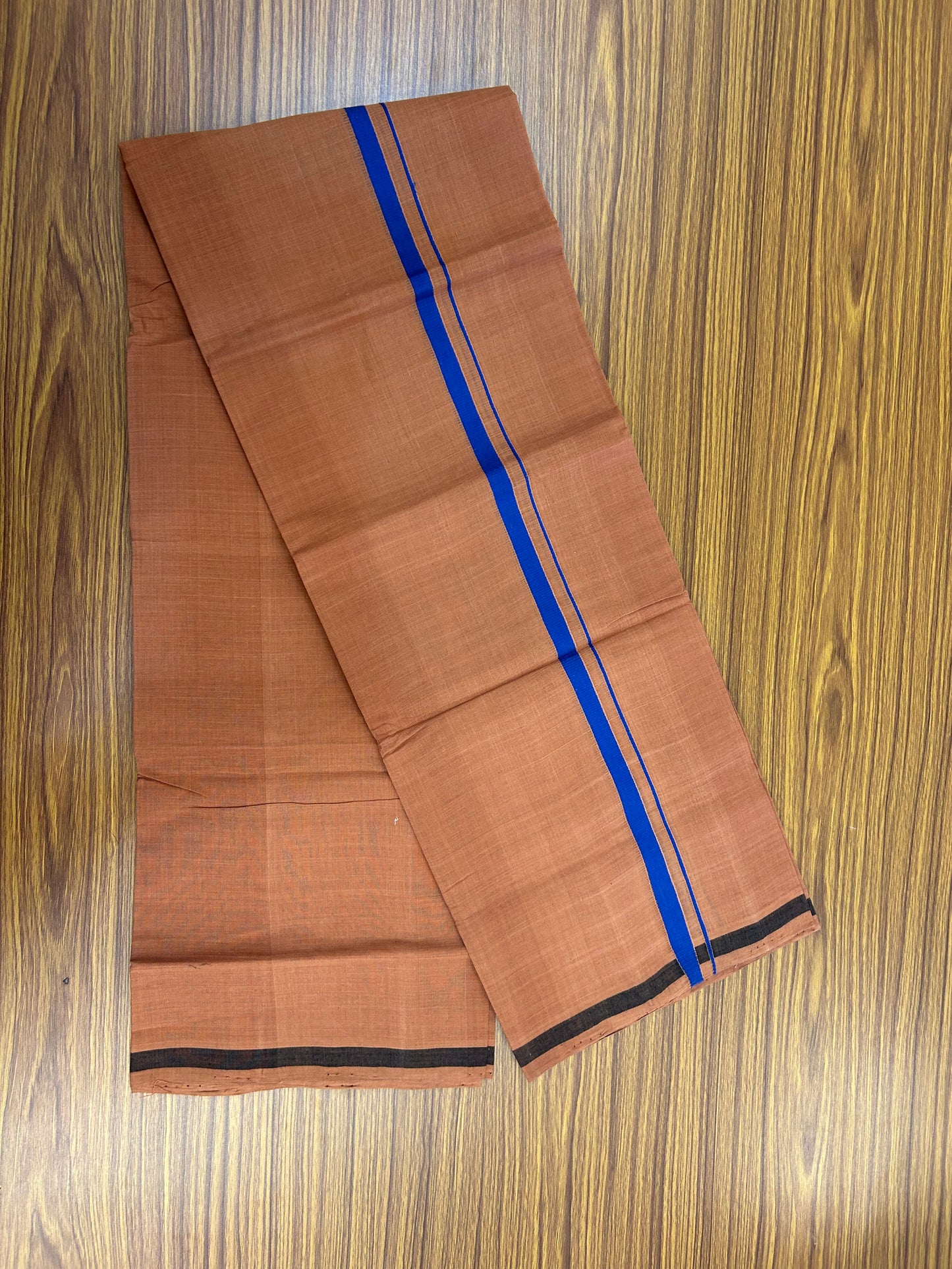 Kerala Handloom Single  - KaithariKada 100% Pure Cotton - Mundu/Dhoti Kavi Body & 0.75 inch Blue Kara - (2 meter / 4 muzham)- 29 KK8051 ELA