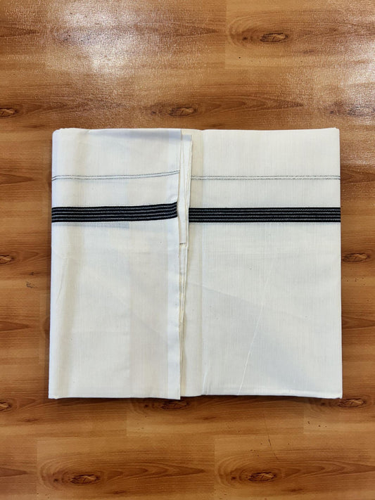 Single Off White (Unbleached) Mundu/Dhoti - 8% Discount! KaithariKada 100% Cotton - 70X30 - 0.5 inch Silver Kasavu Black Striped Kara (2 meter / 4 muzham) - 2 KK5461 PMC