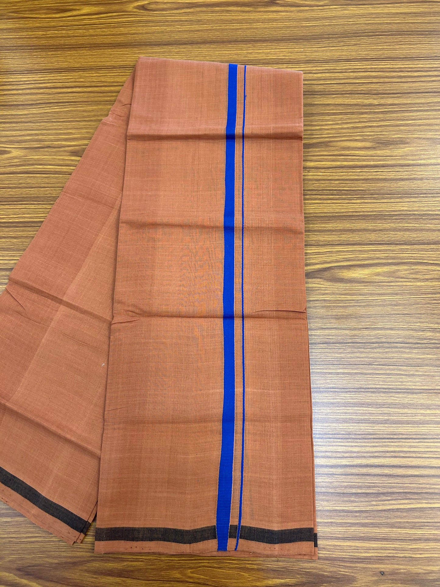 Kerala Handloom Single  - KaithariKada 100% Pure Cotton - Mundu/Dhoti Kavi Body & 0.75 inch Blue Kara - (2 meter / 4 muzham)- 29 KK8051 ELA