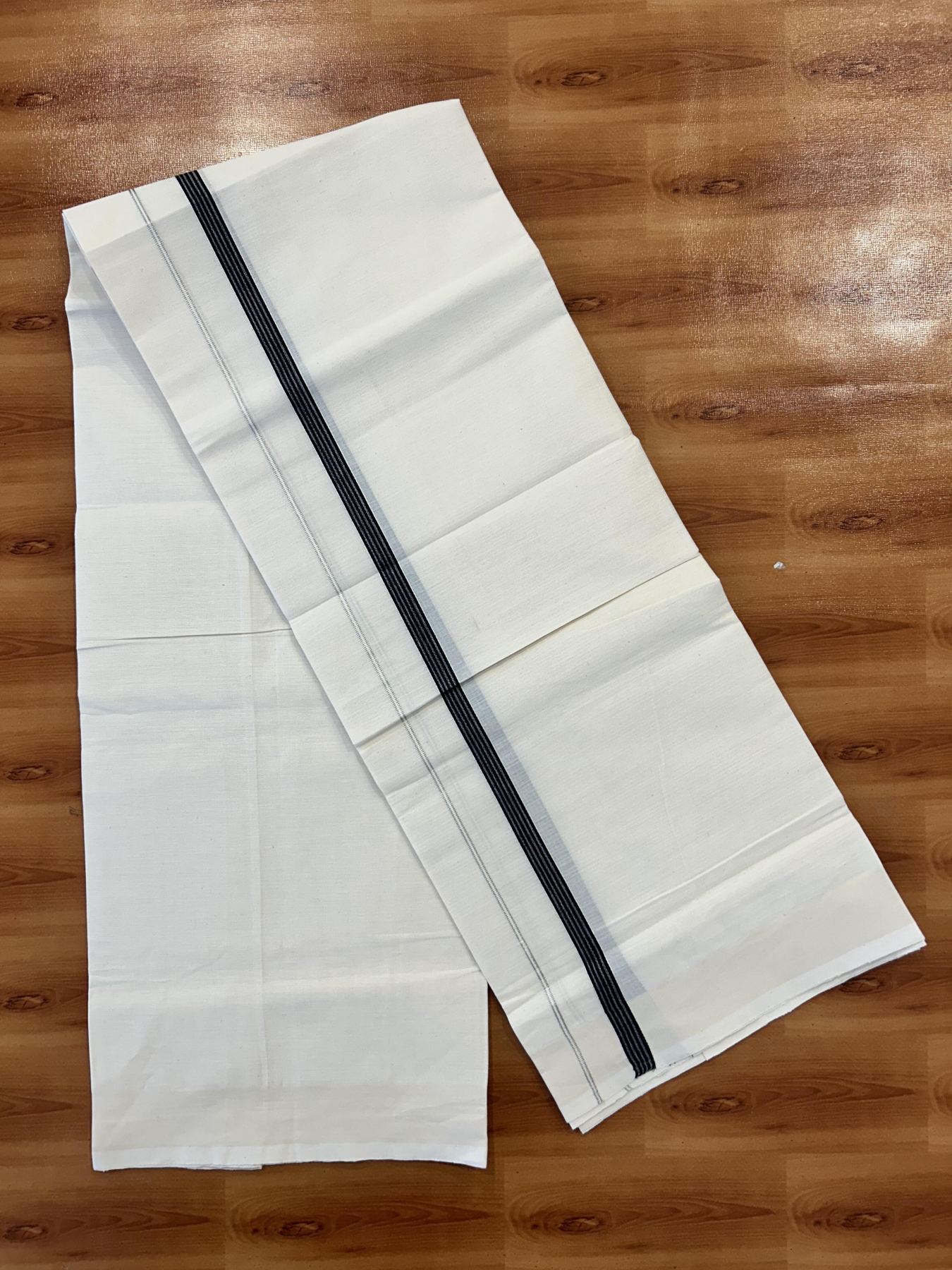 Single Off White (Unbleached) Mundu/Dhoti - 8% Discount! KaithariKada 100% Cotton - 70X30 - 0.5 inch Silver Kasavu Black Striped Kara (2 meter / 4 muzham) - 2 KK5461 PMC