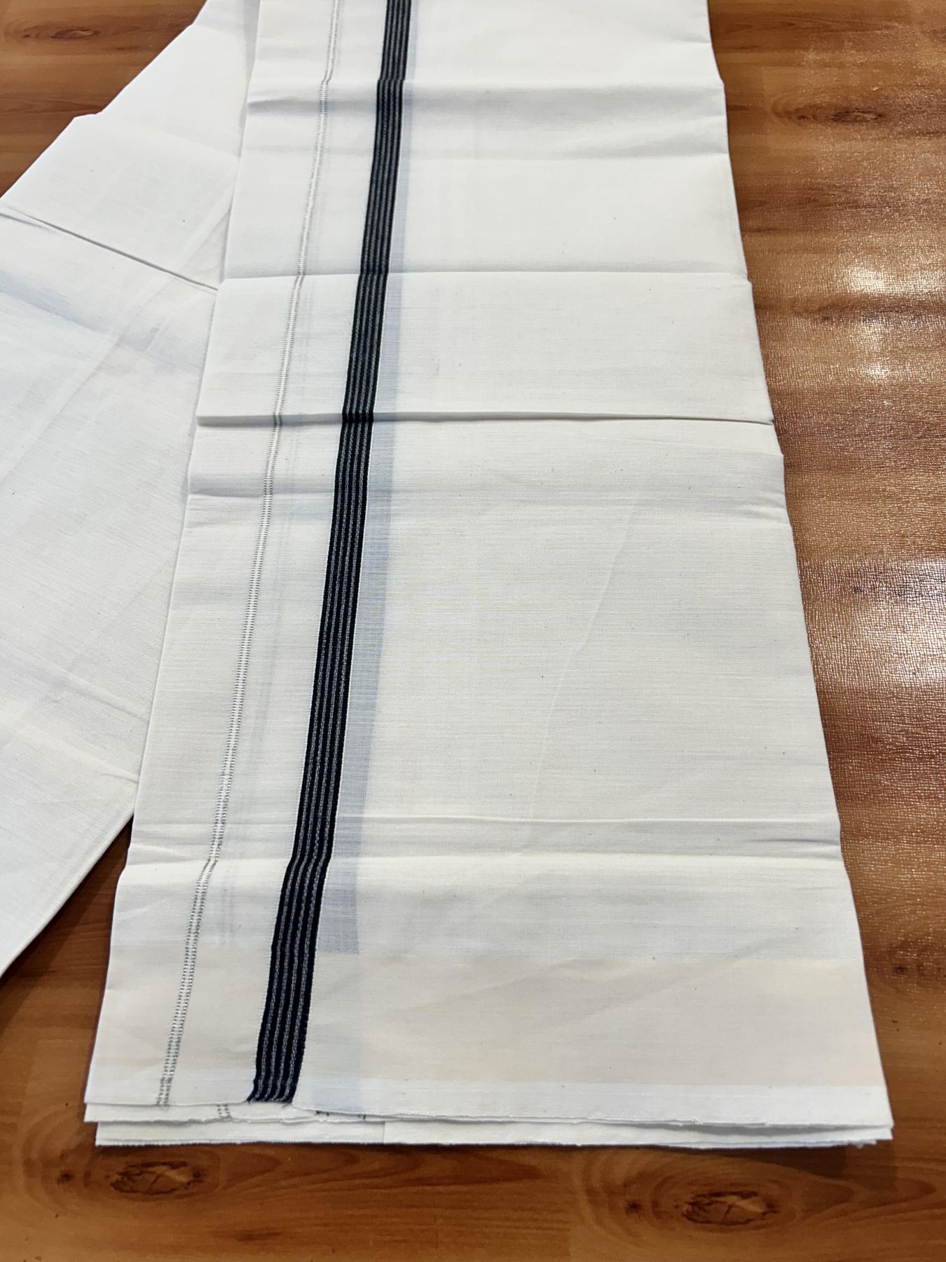 Single Off White (Unbleached) Mundu/Dhoti - 8% Discount! KaithariKada 100% Cotton - 70X30 - 0.5 inch Silver Kasavu Black Striped Kara (2 meter / 4 muzham) - 2 KK5461 PMC