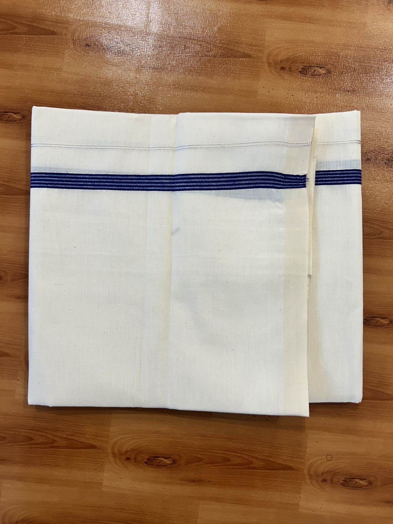 Single Off White (Unbleached) Mundu/Dhoti - 8% Discount! KaithariKada 100% Cotton - 70X30 - 0.5 inch Silver Kasavu Dark Blue Striped Kara (2 meter / 4 muzham) - 3 KK5461 PMC