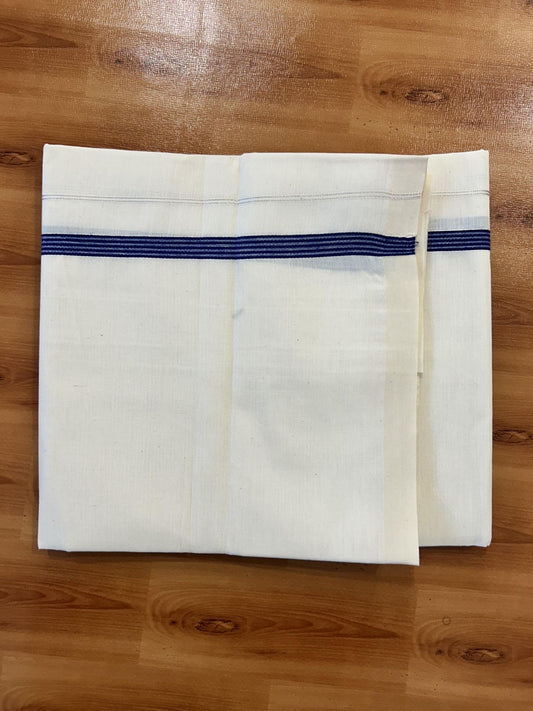 Single Off White (Unbleached) Mundu/Dhoti - 8% Discount! KaithariKada 100% Cotton - 70X30 - 0.5 inch Silver Kasavu Dark Blue Striped Kara (2 meter / 4 muzham) - 3 KK5461 PMC