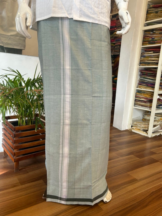 16% DISCOUNT ! KaithariKada Kalamachal 100% Pure Cotton - (80X80) Twisted Thread Handloom Single Mundu/Dhoti - GREEN GREY BODY & White STRIPES 1.75 inch Kara- 9KK479KAL