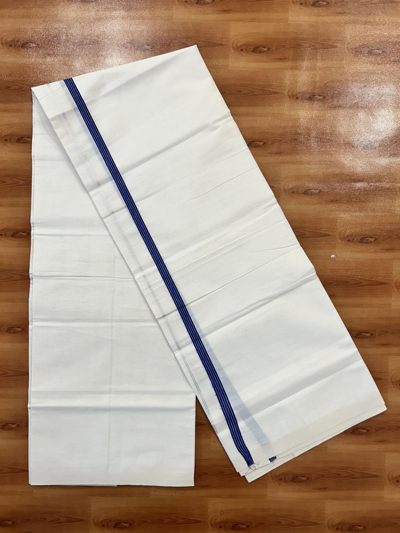 Single Off White (Unbleached) Mundu/Dhoti - 8% Discount! KaithariKada 100% Cotton - 70X30 - 0.5 inch Silver Kasavu Dark Blue Striped Kara (2 meter / 4 muzham) - 3 KK5461 PMC
